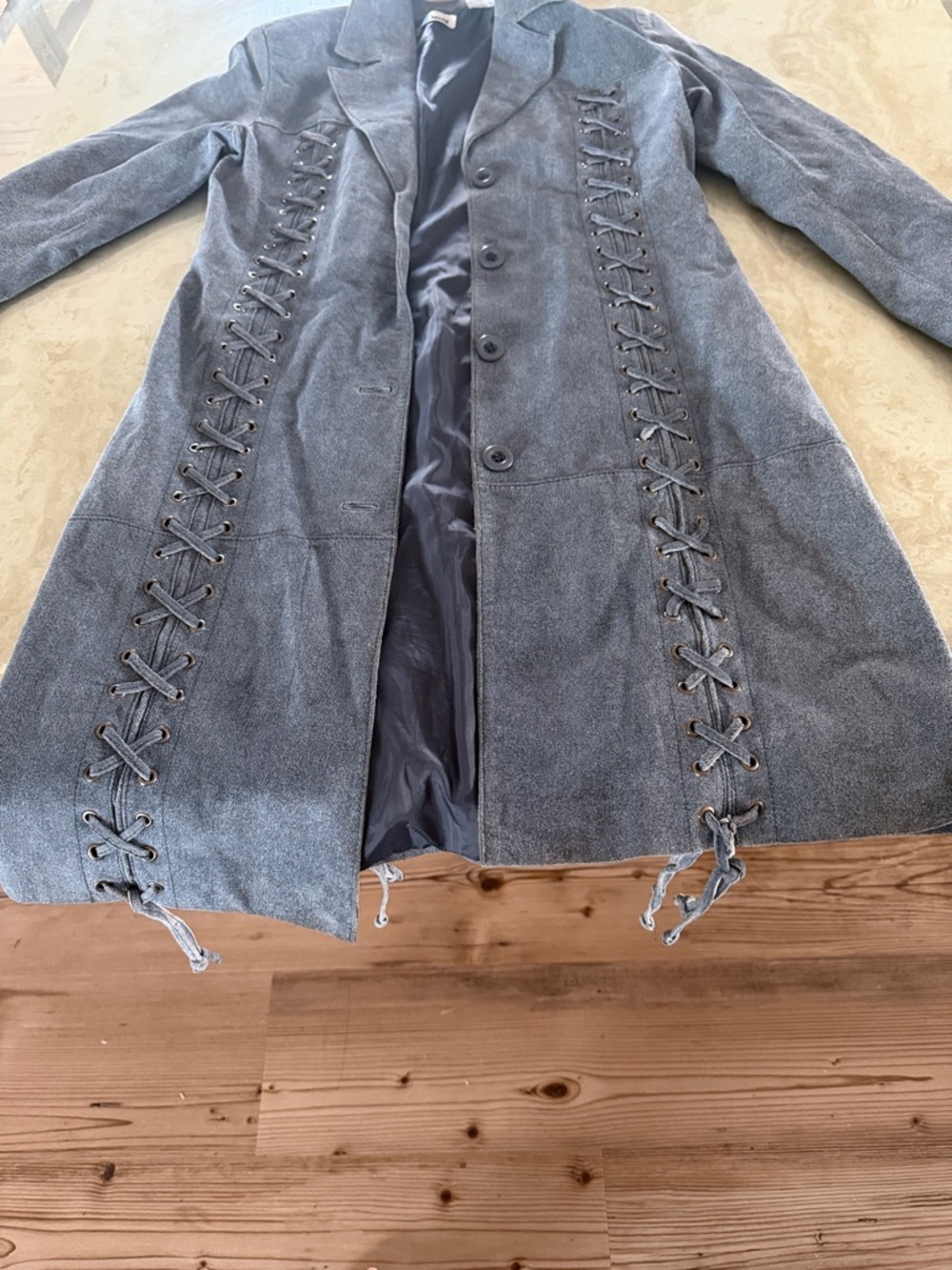 Blue(denim look)  Suede Lace-Up Trench Coat - Women's